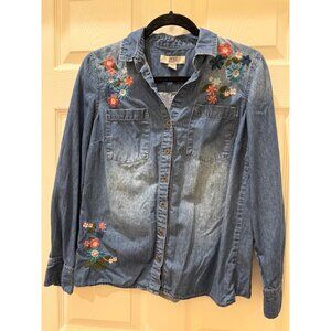 Vintage America Blues Embroidered Denim Button-Up Shirt With Floral Design Women